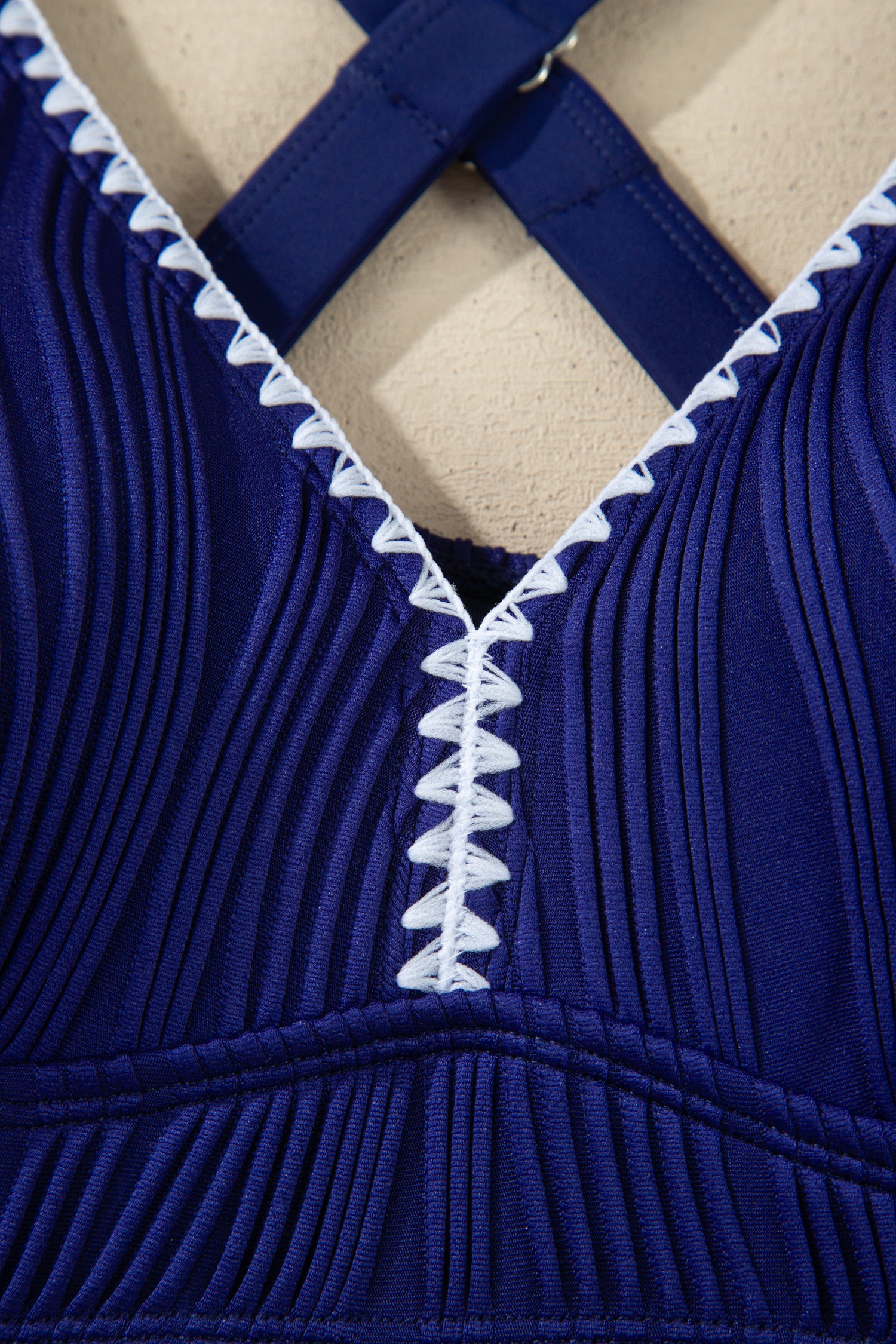 Shell Stitched Trim V-Neck Textured High Waist Bikini