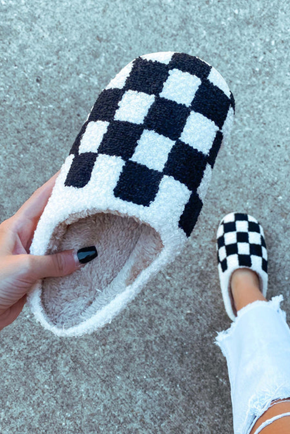 Black Checkered Print Fuzzy Slip On Winter Slippers BB Fashion Outlet