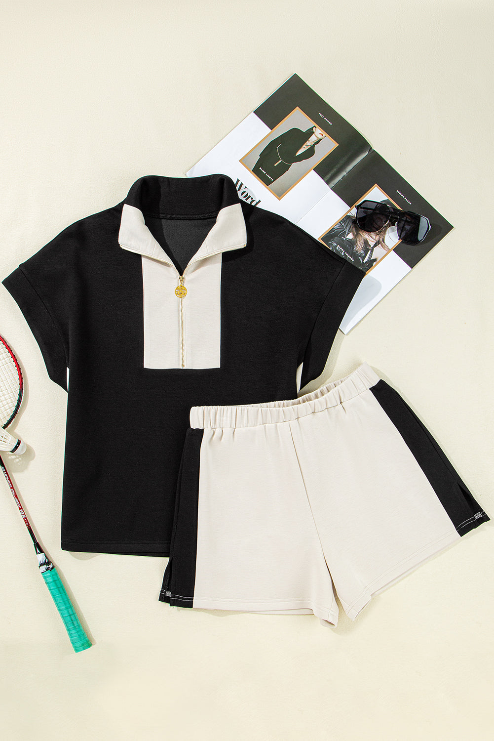 Black Contrast Zipped Collared T Shirt and Short Co-ord Set eAura