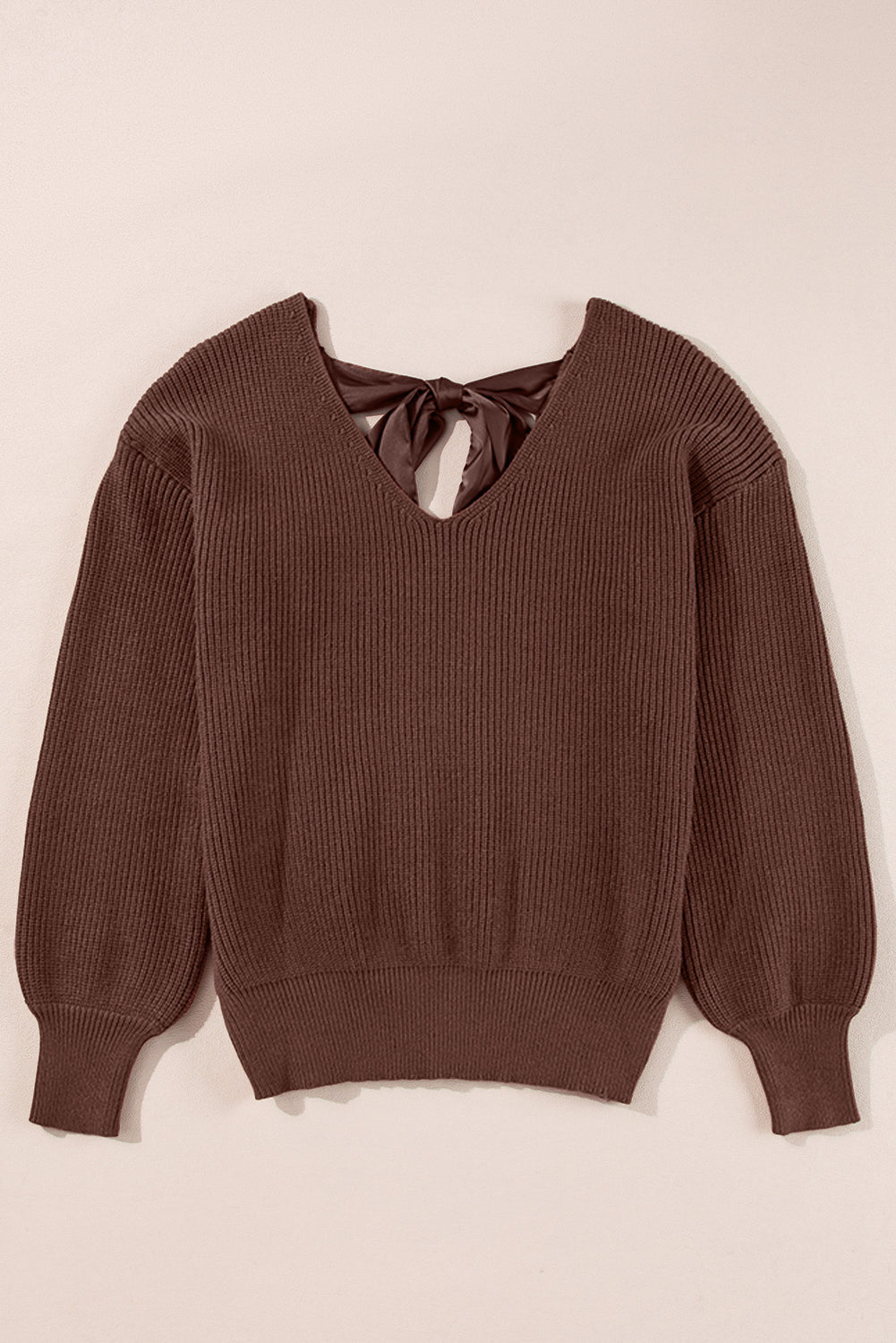 Coffee Lantern Sleeve V Neck Knot Back Sweater eAura