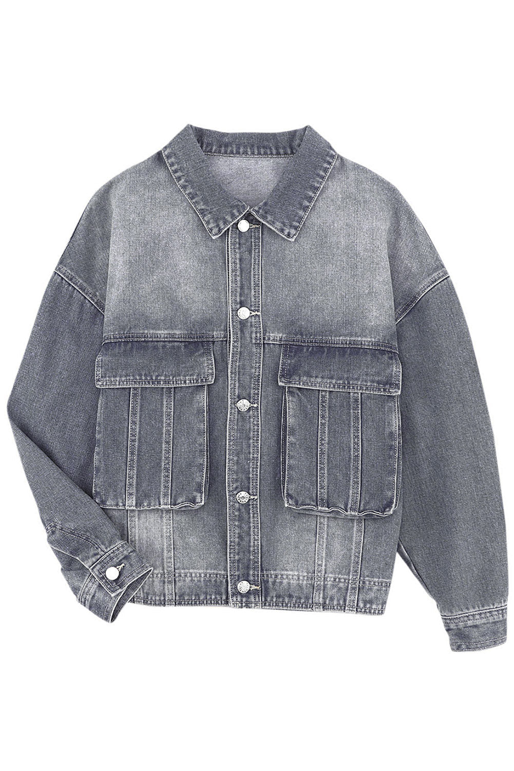 Grey Chest Pockets Drop Shoulder Loose Denim Jacket Beagle Boutique Fashion Outlet