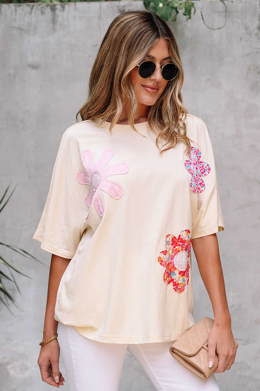 Apricot Flower Patched Exposed Stitching Trim Crew Neck Loose Tee eAura