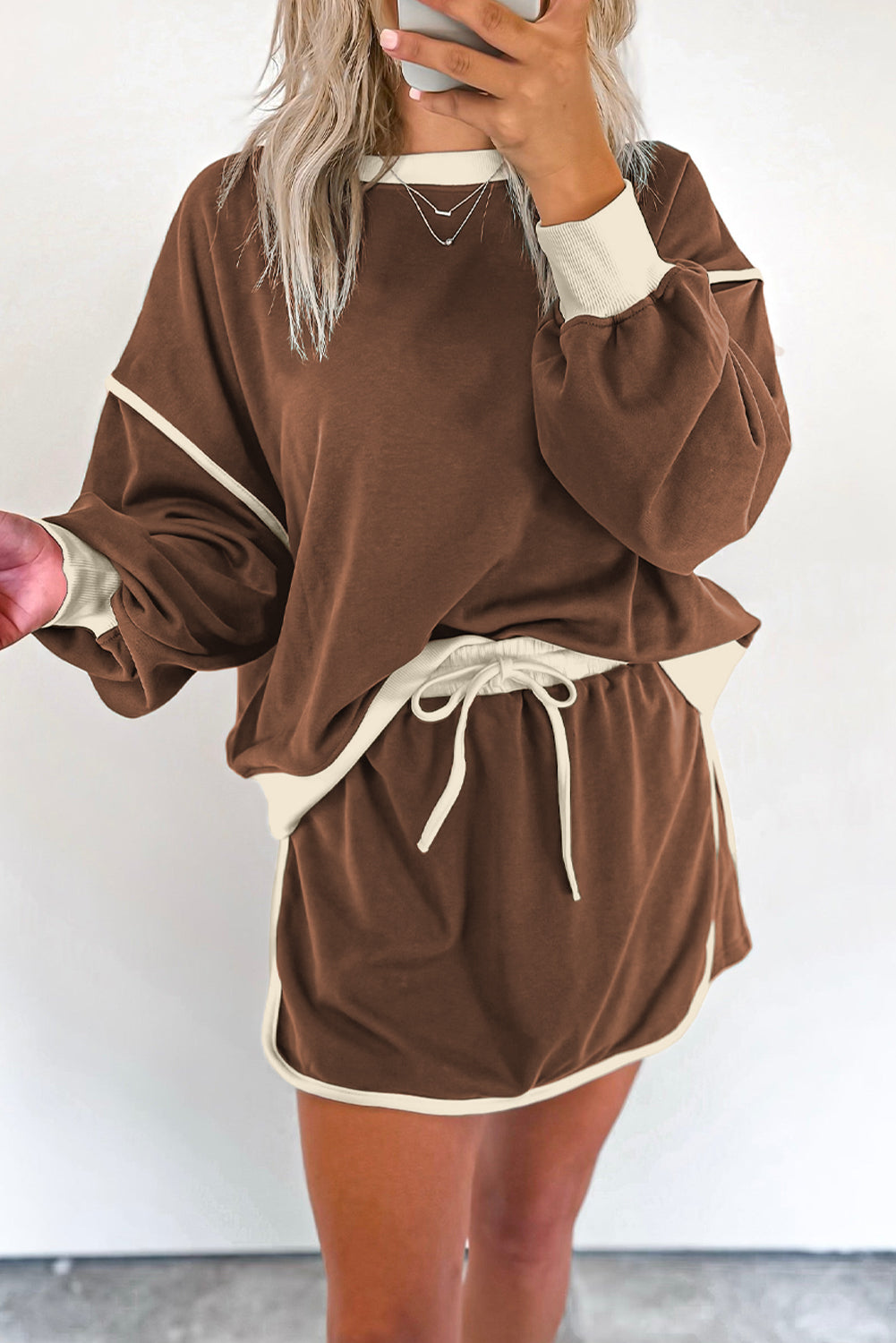 Coffee Colour Contrast Loose Pullover and Lace-up Waist Skort Set eAura