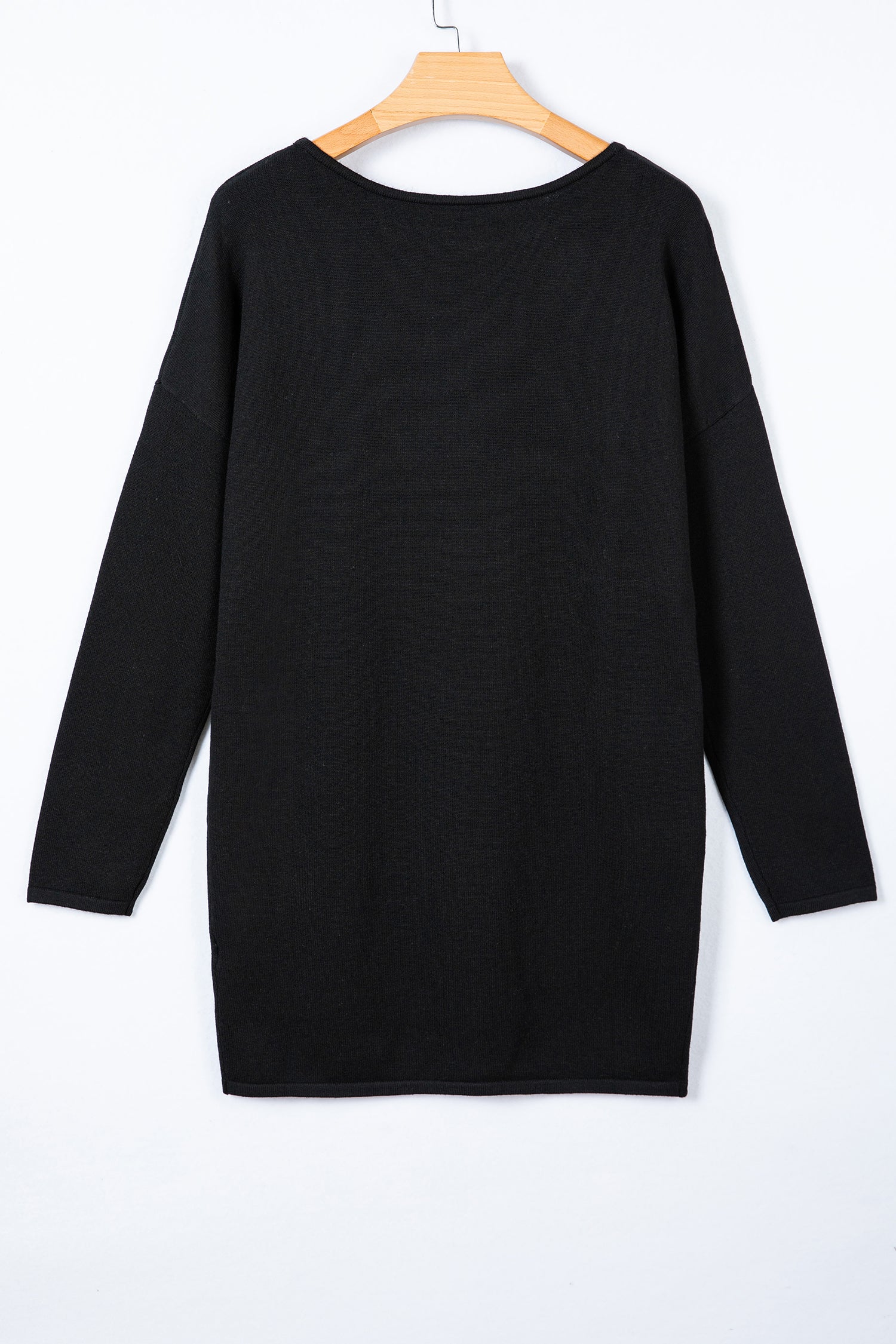 Black Asymmetric Neck Batwing Sleeve Shift Mini Sweater Dress - eAura