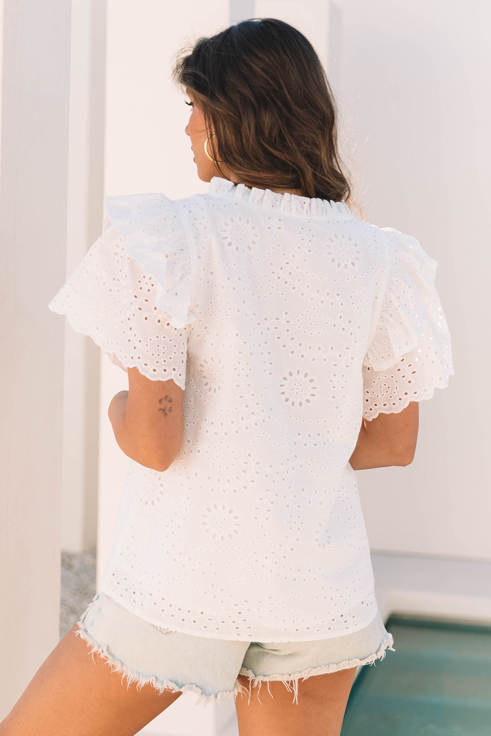 White Broderie Anglaise Ruffle Short Sleeve Blouse eAura