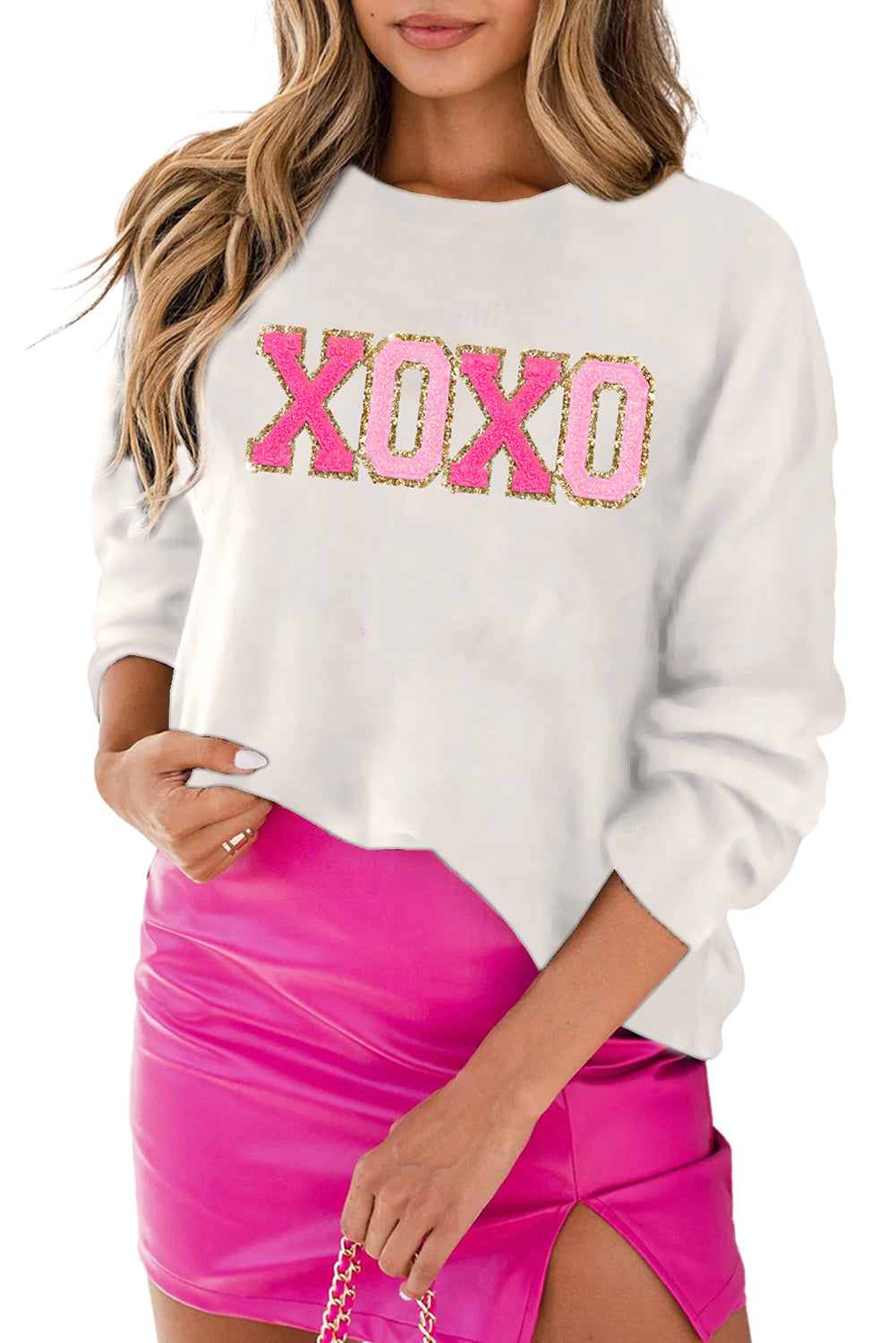 White XOXO Glitter Print Round Neck Casual Sweater eAura