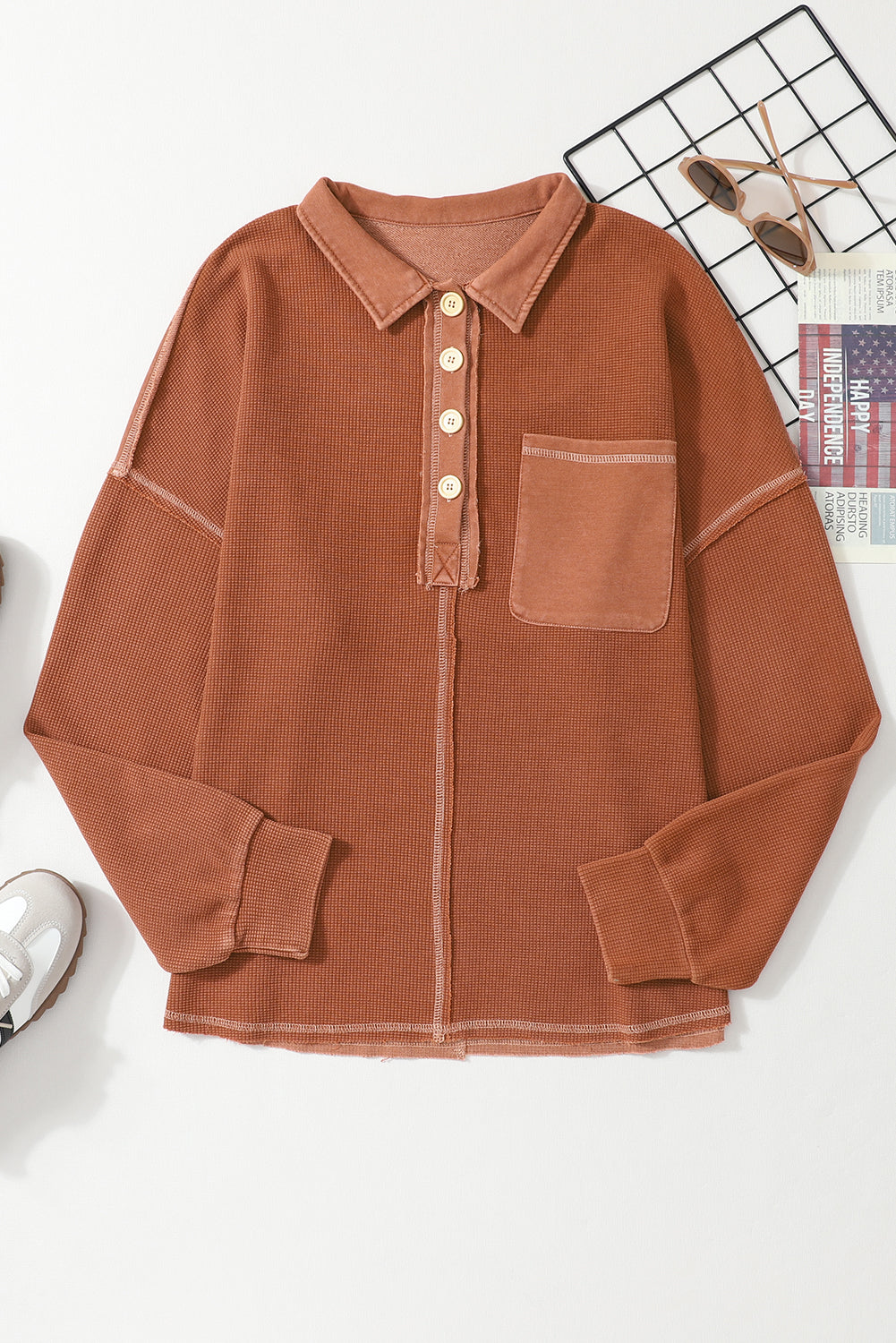 Chestnut Waffle Exposed Seam Pocket Henley Sweatshirt eAura