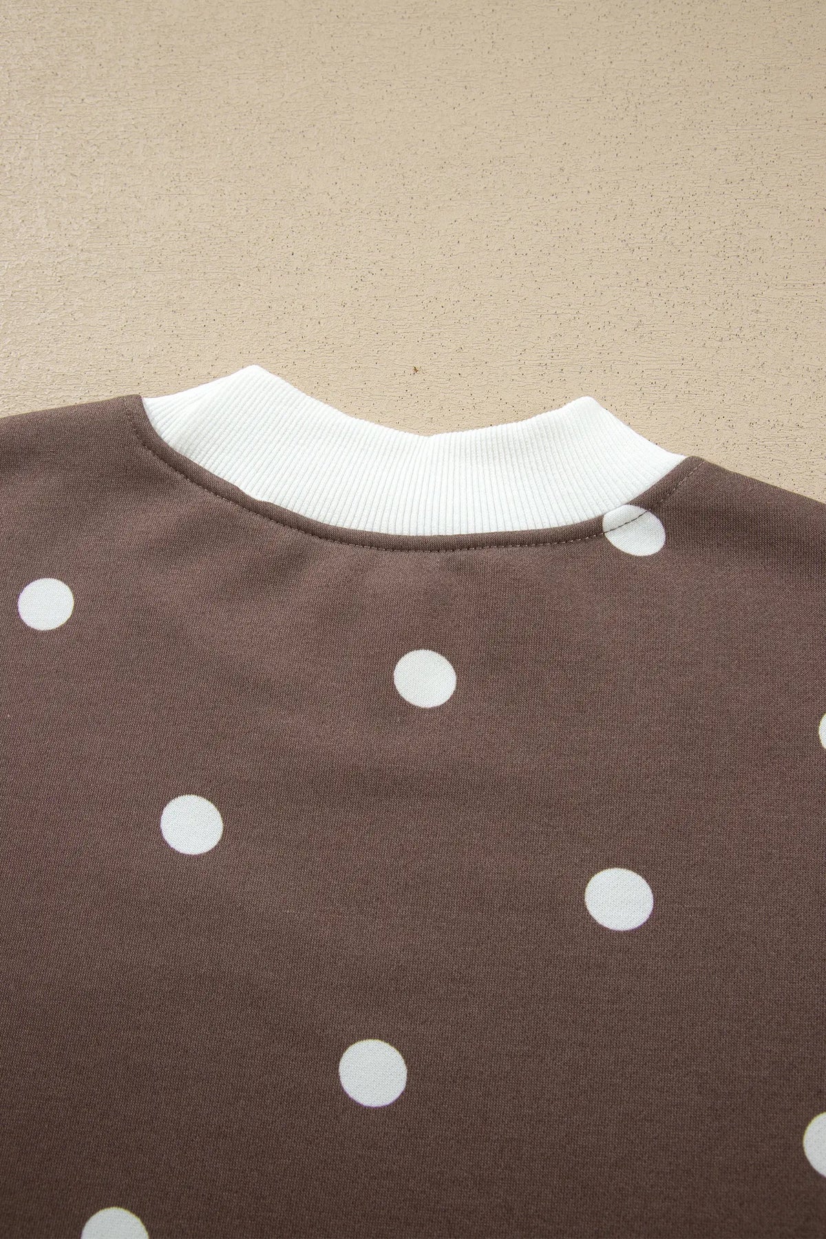 Polka Dot Ribbed Trim Long Sleeve Top Casual Short Set – Brown