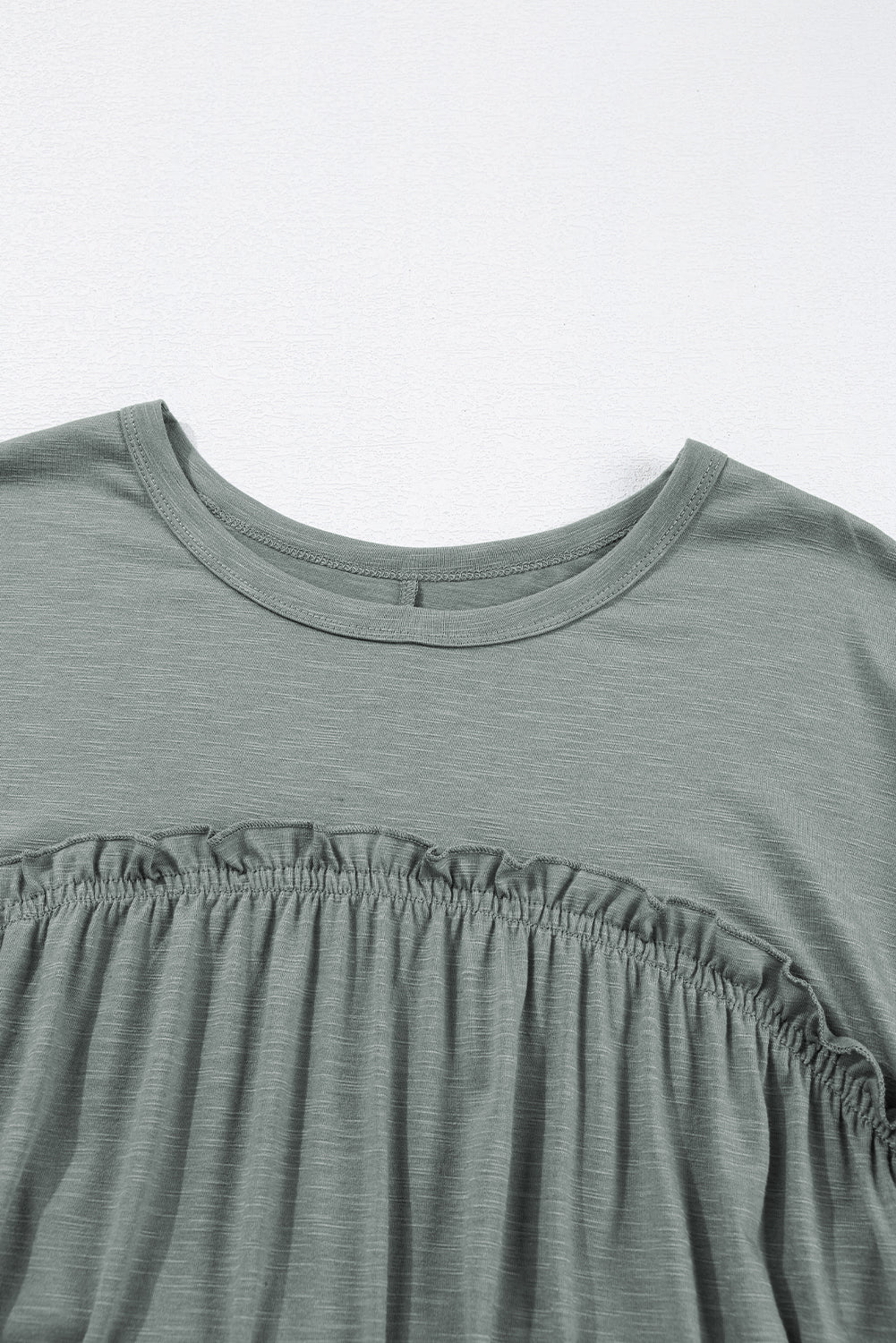 Mist Green Frilled Gathered Seam Round Neck T Shirt Dress eAura