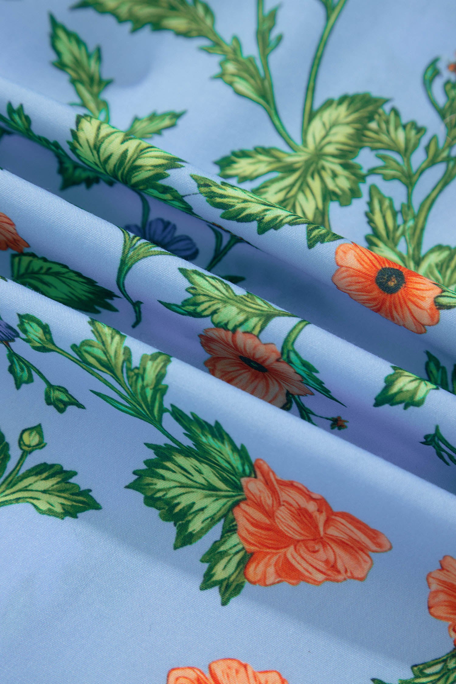 Sky Blue Floral Print Bracelet Sleeve Button Down Casual Shirt – Light Blue