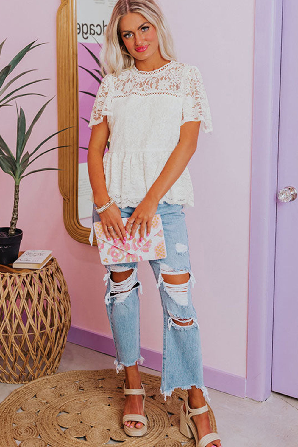 White Short Sleeve Scalloped Floral Lace Peplum Blouse eAura