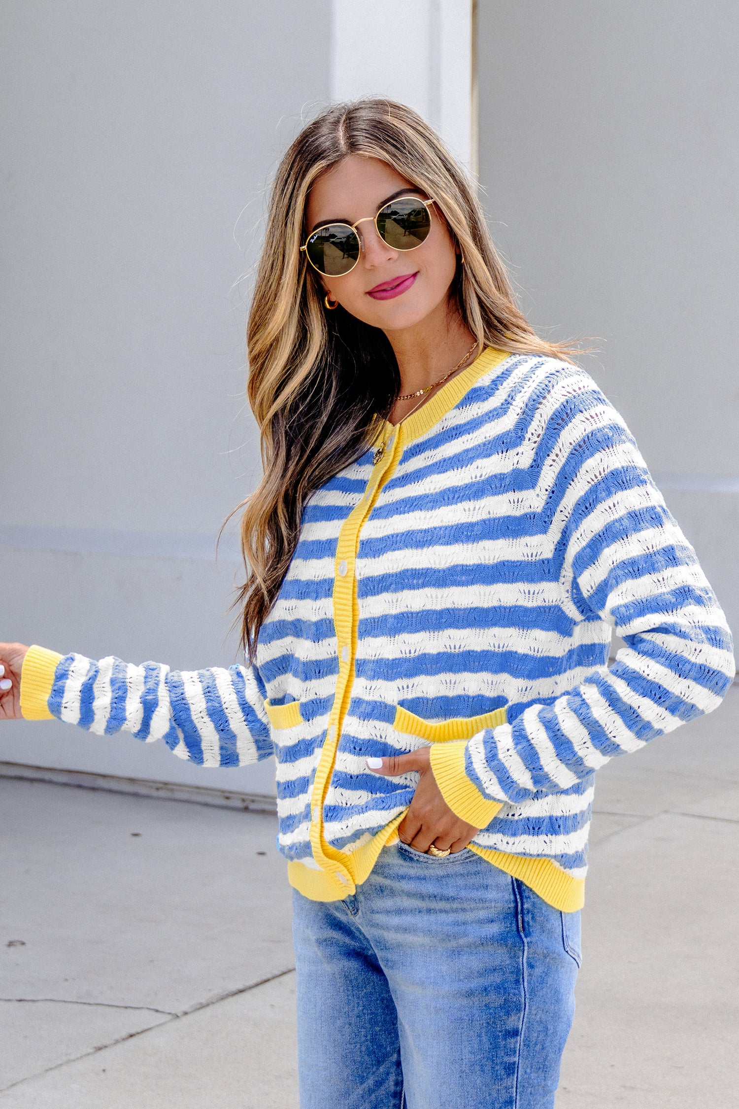 Striped Colorblock Button Front Long Sleeve Loose Fit Knit Cardigan – Sky Blue Stripe