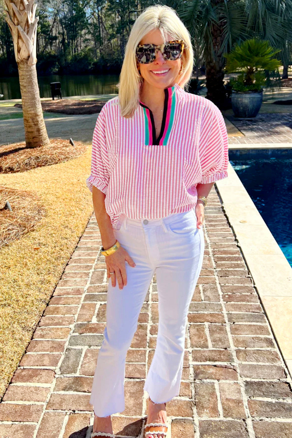 Striped Print Contrast Split Neck Dolman Sleeve Blouse eAura