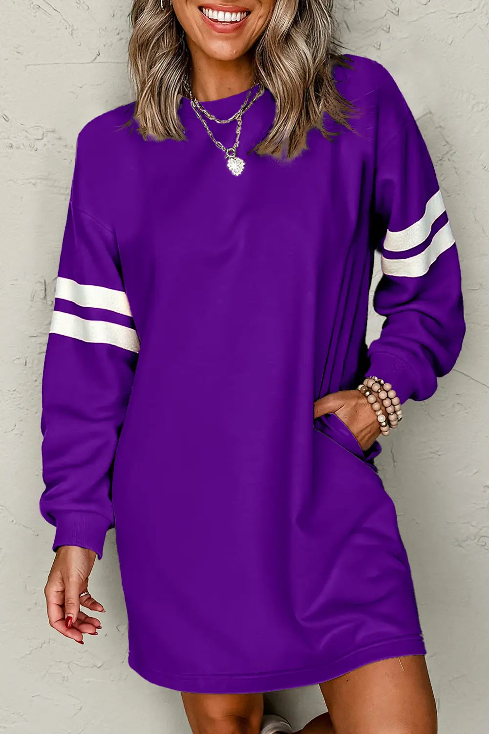 Varsity Contrast Banded Sleeve Shift Sweatshirt Dress