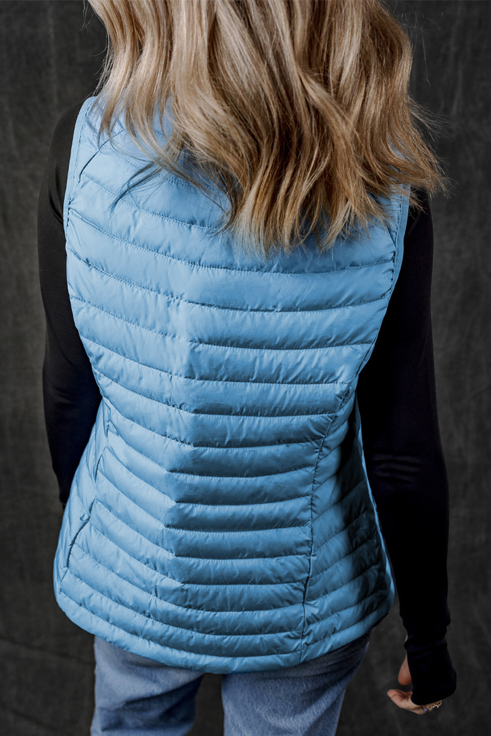 Sky Blue Plush Collared Quilted Zipped Puffer Vest - eAura