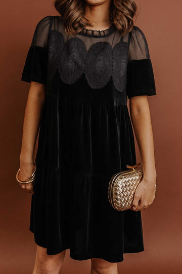 Embroidered Velvet Short Sleeve Mini Shift Dress – Black