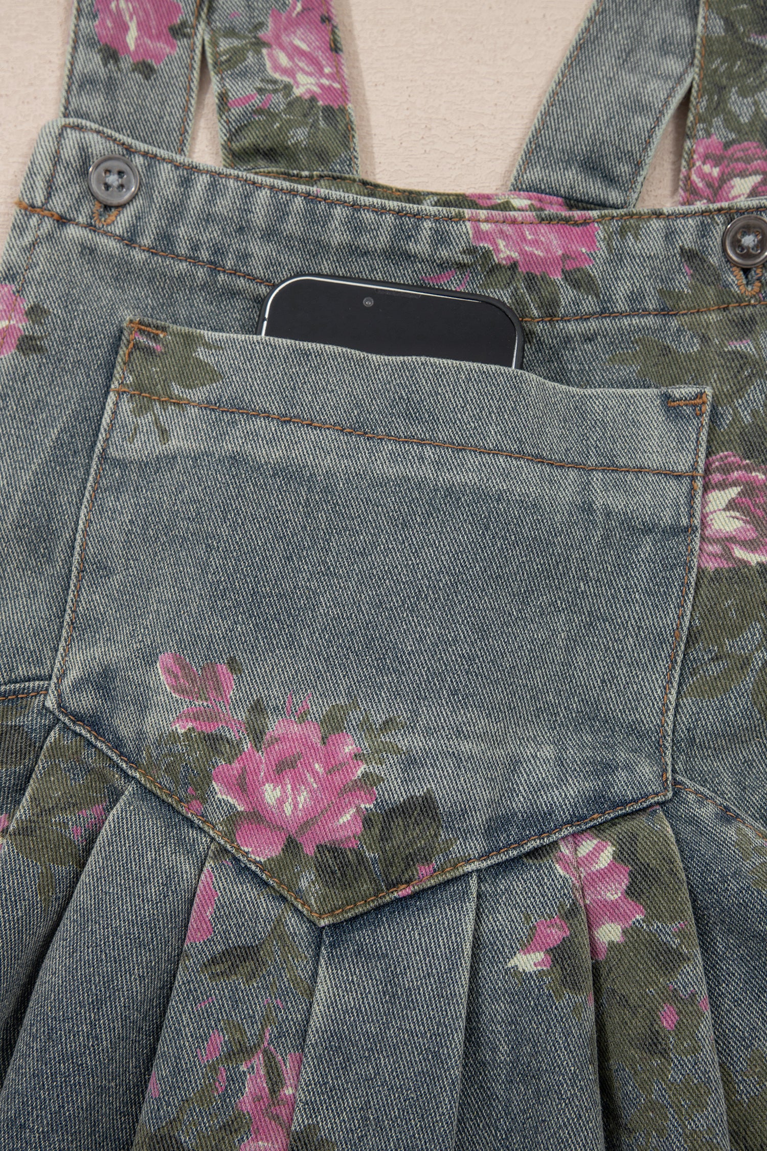 Floral Print Pleated Wide Leg Denim Jumpsuit – High Waist