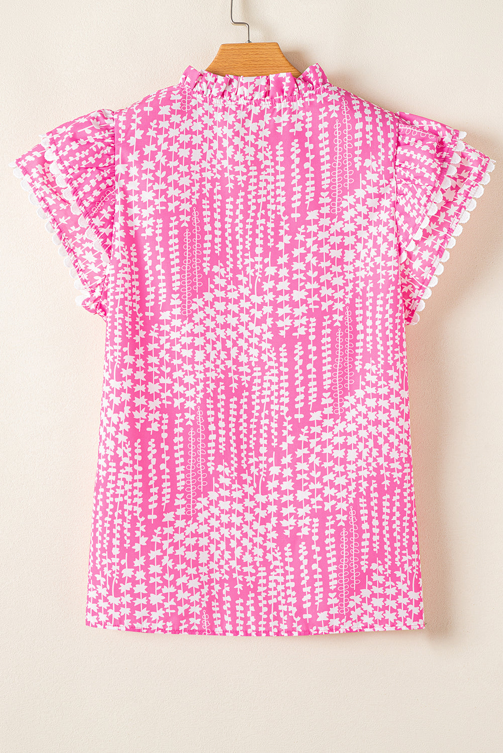 Pink Abstract Print Ric Rac Trim Flutter Sleeve Notch V Neck Blouse eAura