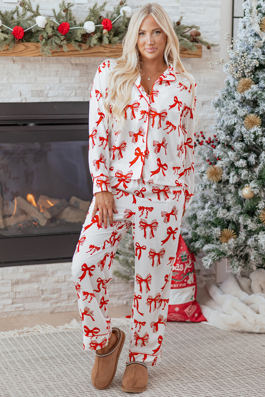 Red Christmas Bow Print Pyjama Set - eAura