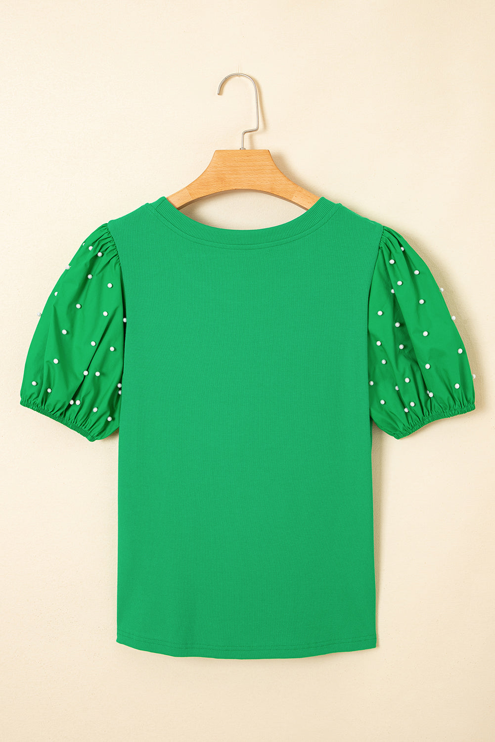 Bright Green Ribbed Pearl Beaded Puff Sleeve Top eAura