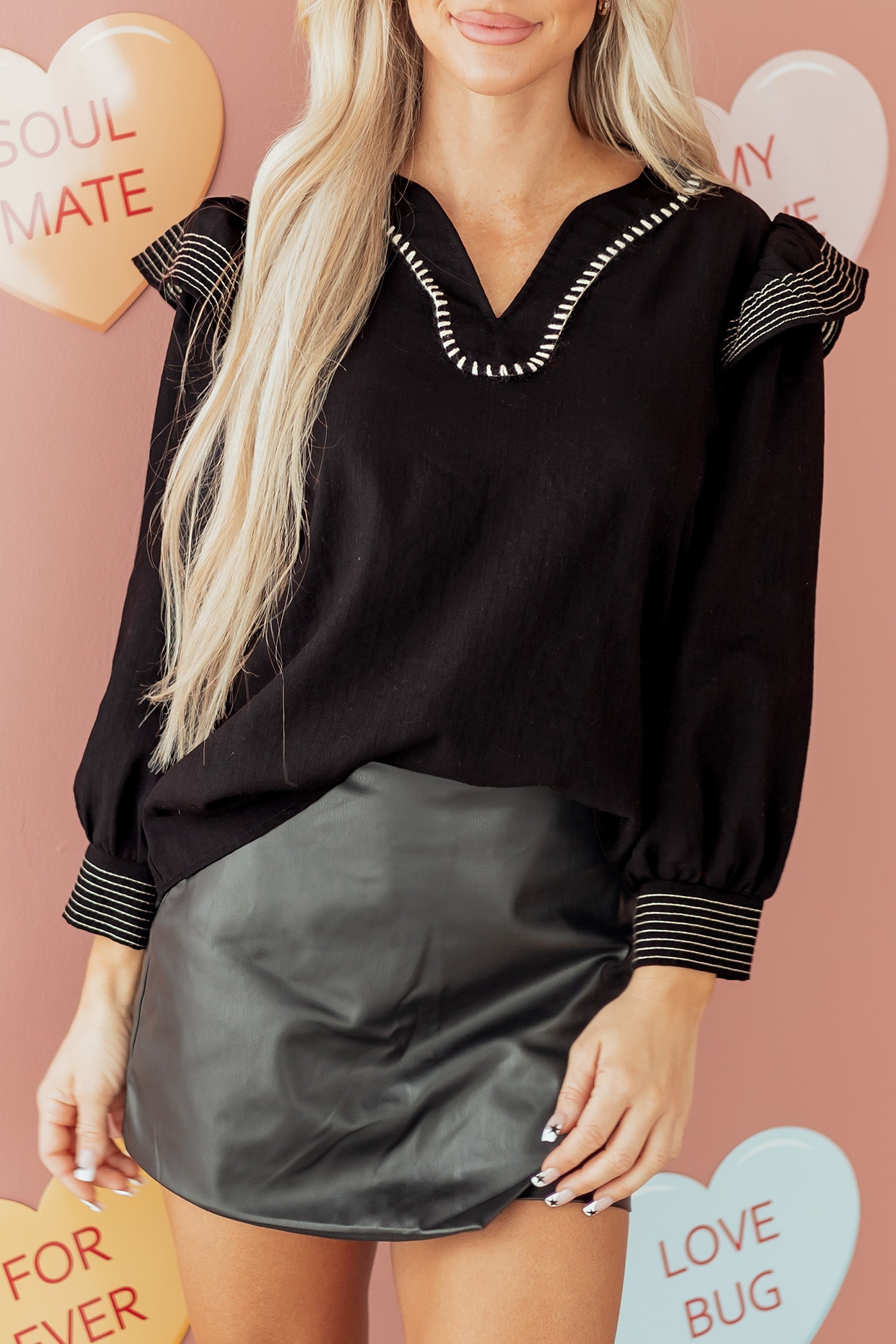 Black Contrast Stitched Detail V Neck Ruffle Long Sleeve Blouse - eAura