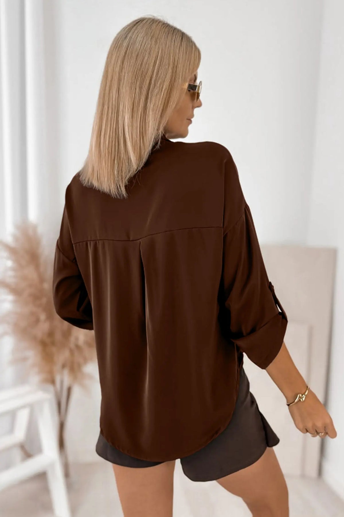 Coffee Multi Button Decoration Tab Long Sleeve Casual Shirt – Brown