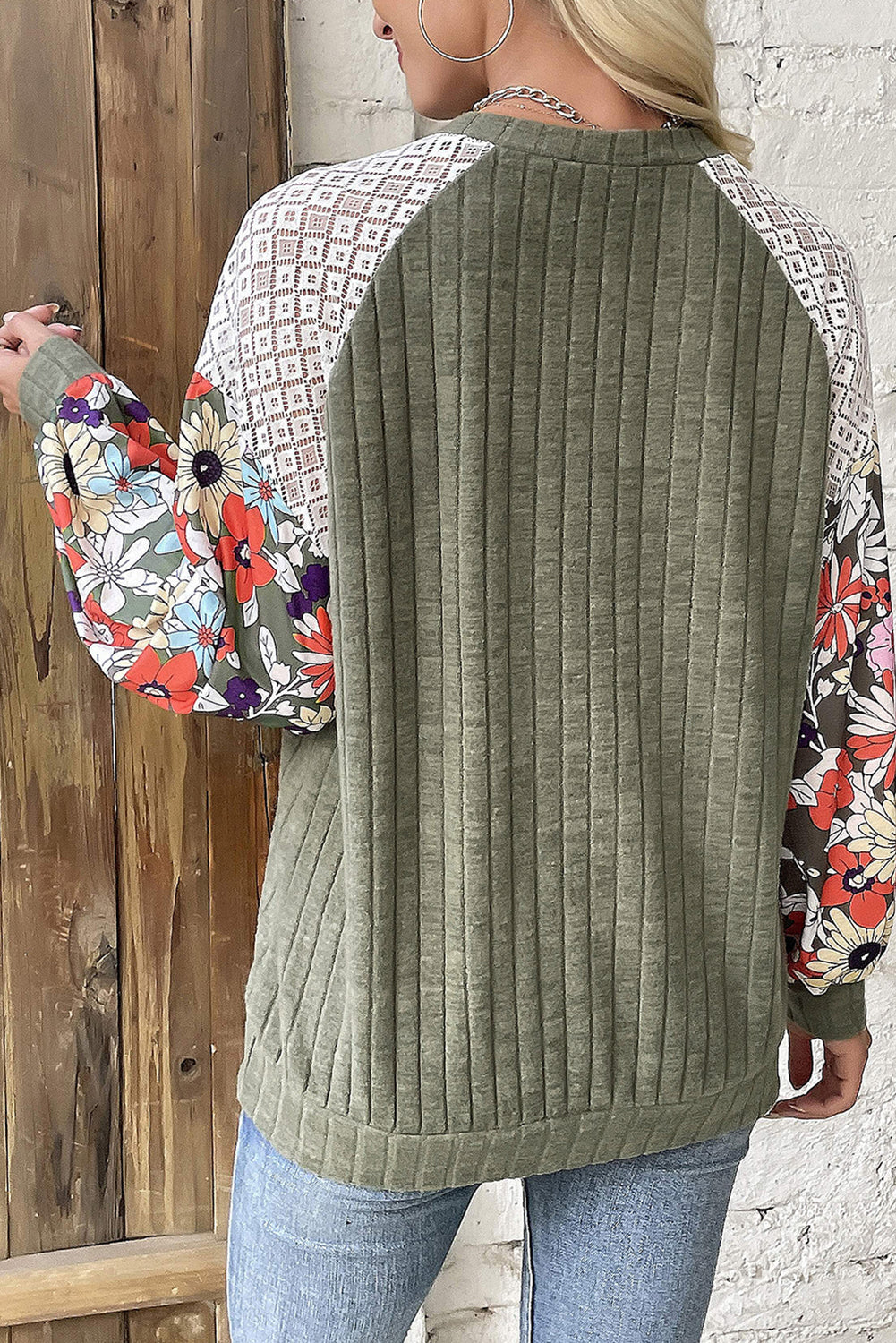 Laurel Green Floral Patchwork Long Sleeve Ribbed Blouse eAura