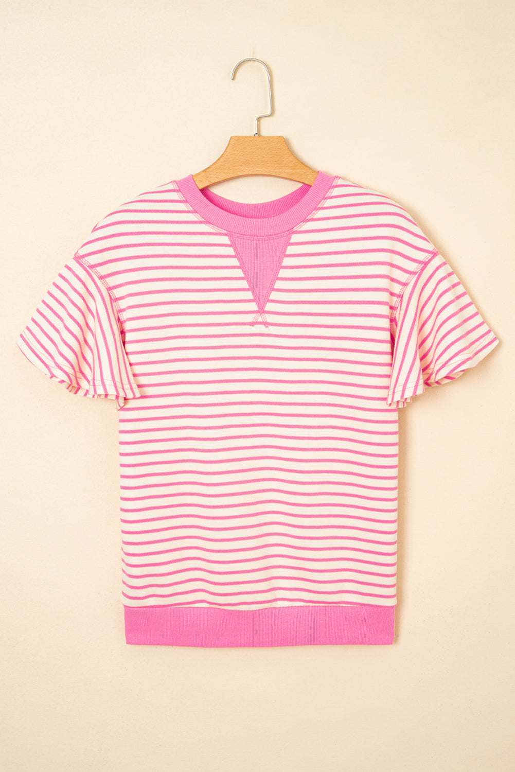 Contrast Detail Striped Ruffle Short Sleeve Top eAura