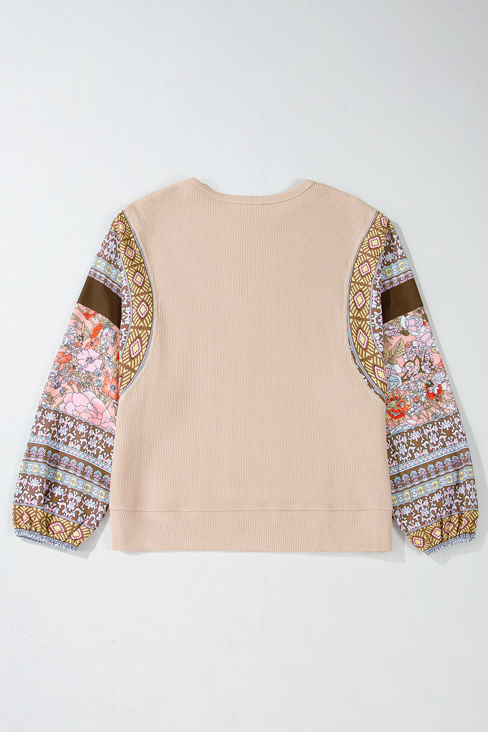 Parchment Contrast Floral Patchwork Puff Sleeve Waffle Knit Top eAura