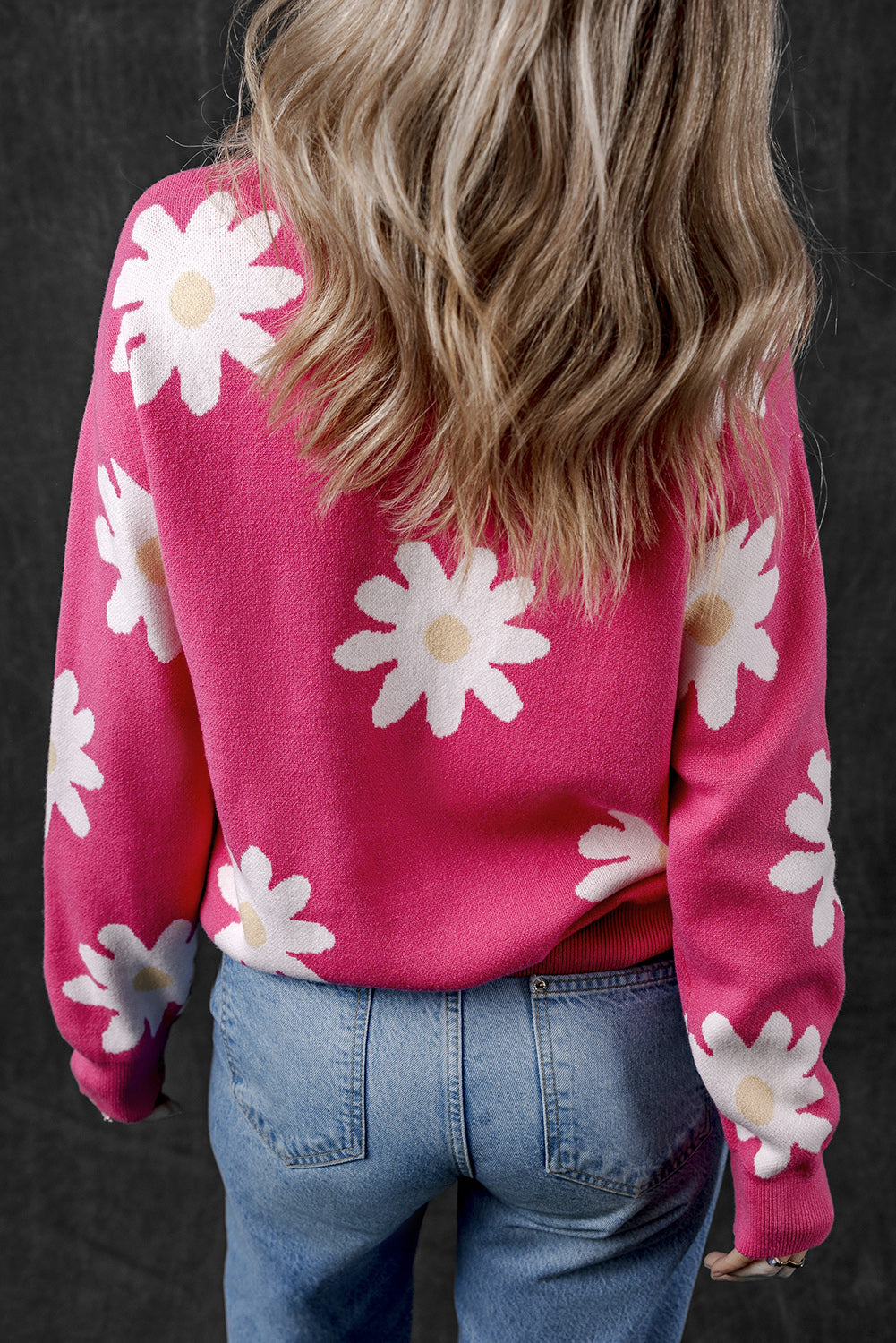 Bright Pink Daisy Flower Crew Neck Long Sleeve Sweater Beagle Boutique Fashion Outlet