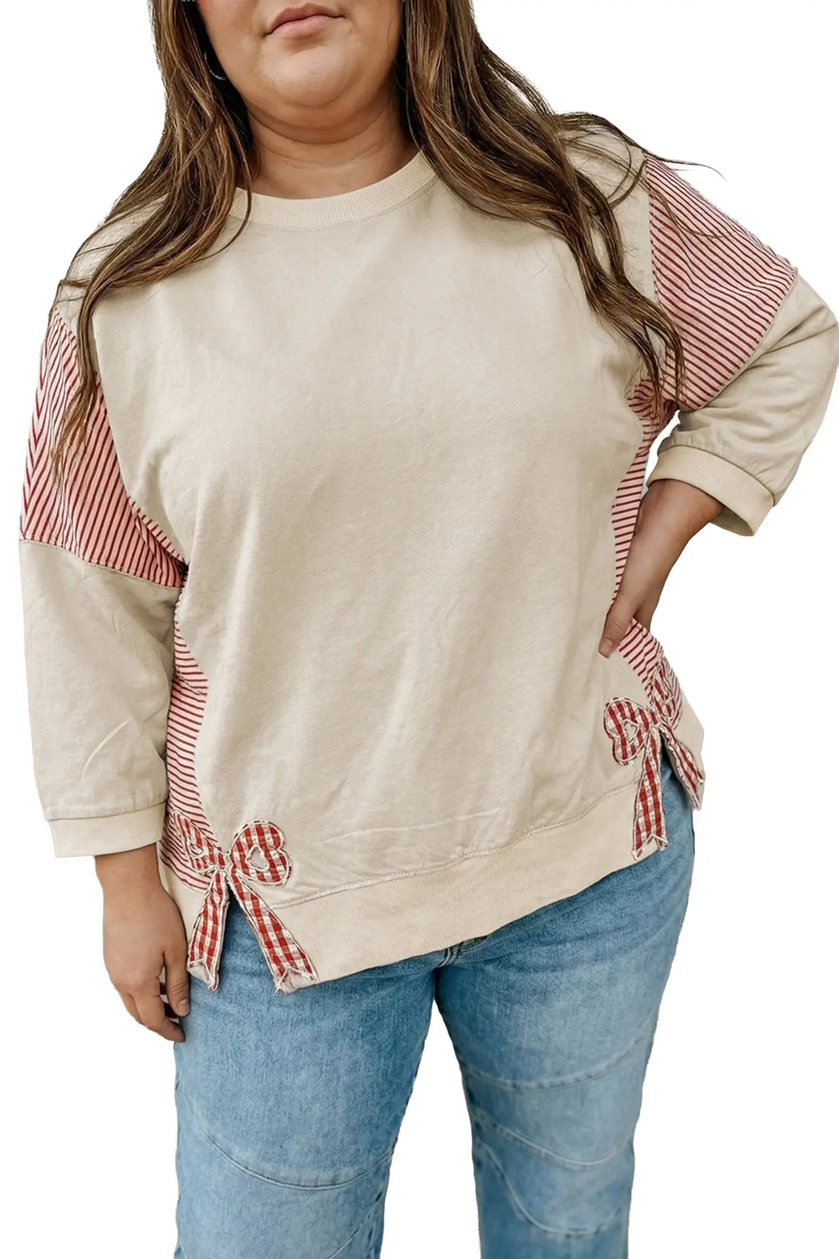 Striped Colourblock Patchwork Bow Detail Bracelet Sleeve Plus Size Top – Parchment