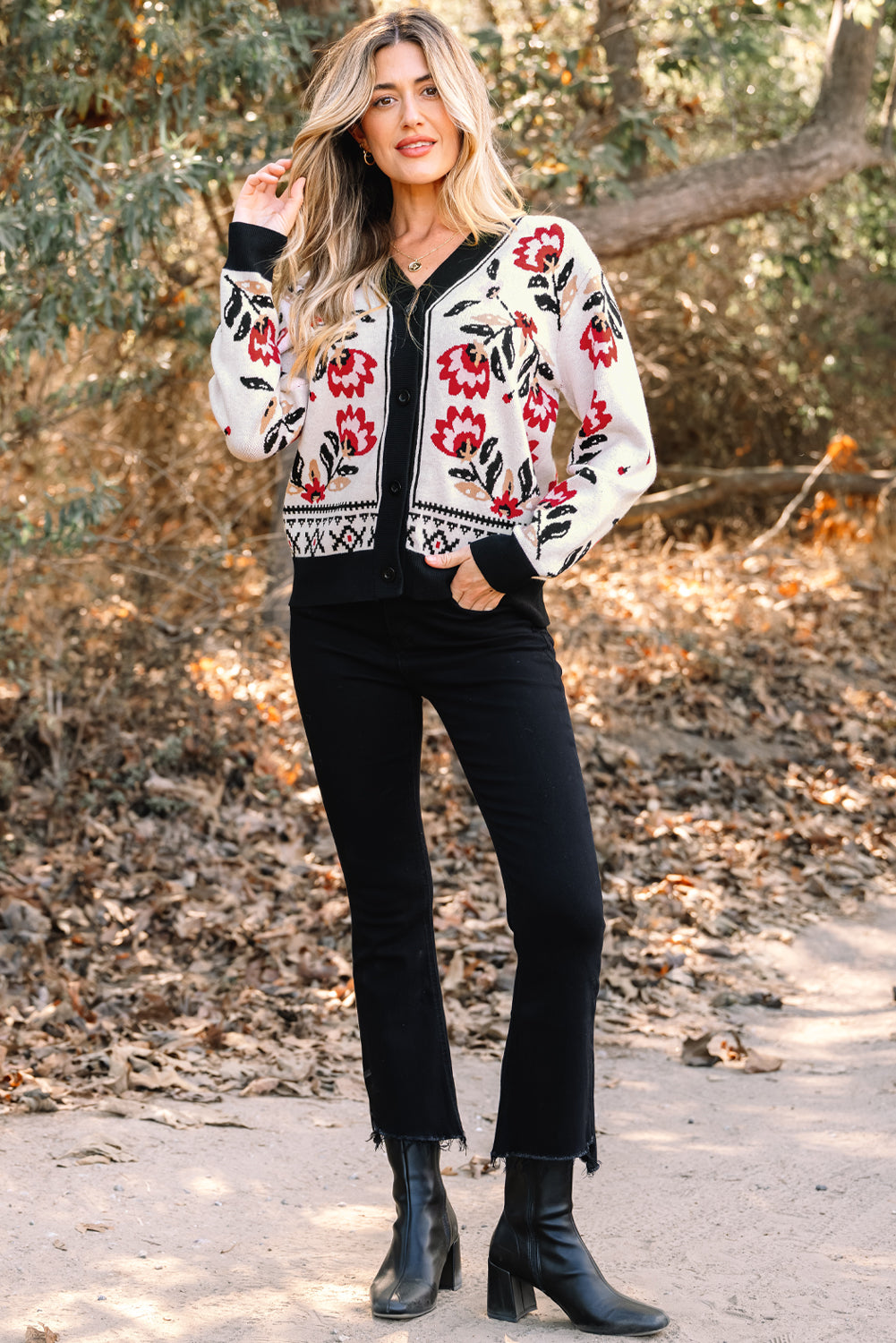 Floral Print Buttoned Front V-Neck Knit Cardigan - eAura