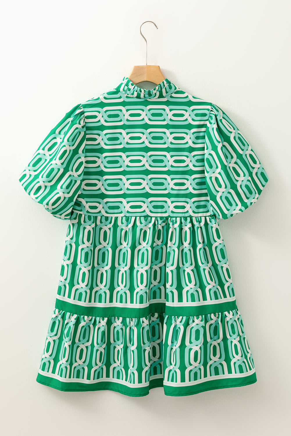 Bright Green Abstract Patterned V Neck Puff Short Sleeve Mini Dress eAura
