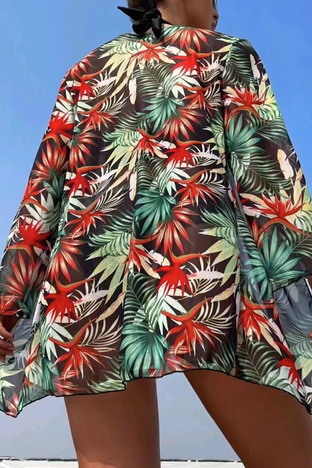 3pcs Tropical Contrast Trim Halter Bikini Set with Cover up eAura