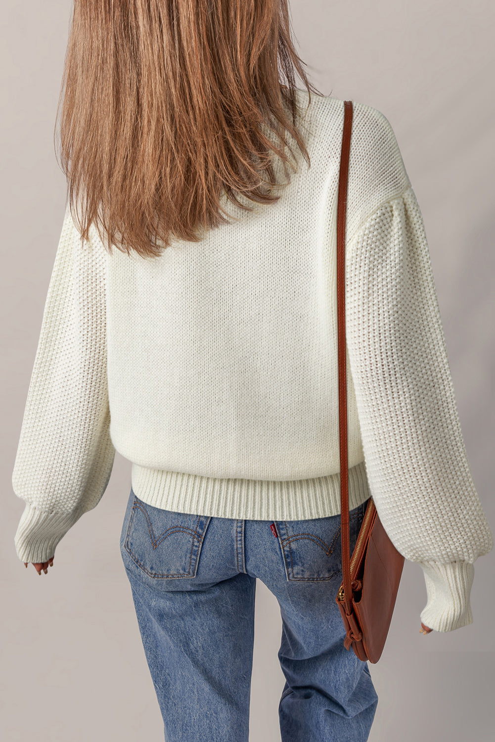 White Flower Detail Round Neck Puff Sleeve Sweater eAura