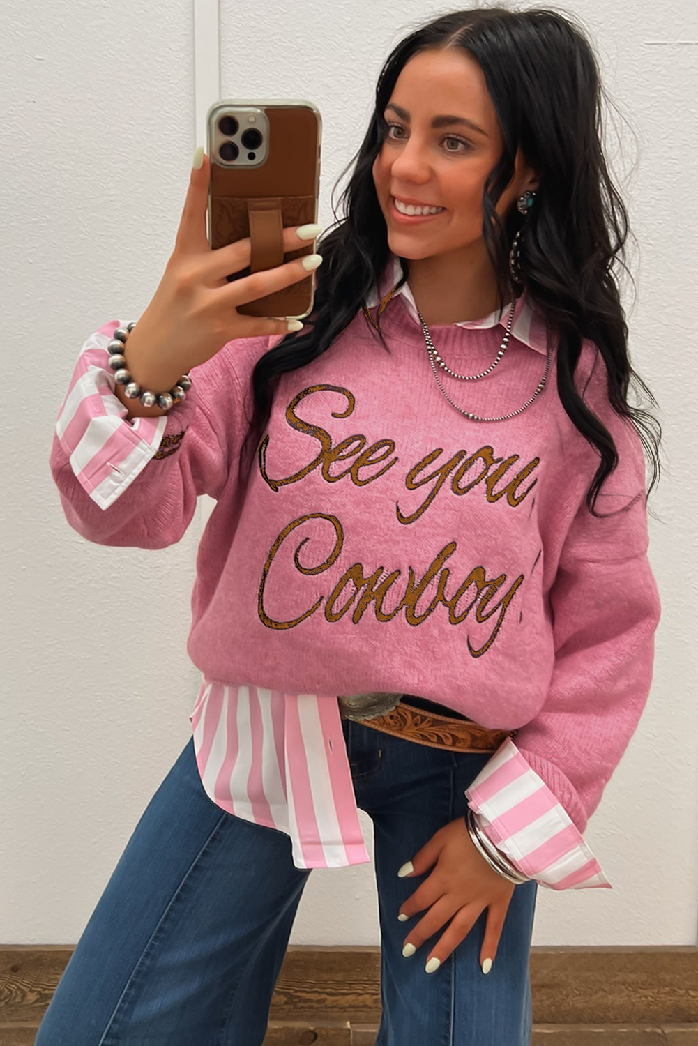 White See You Cowboy Embroidered Western Graphic Sweater eAura