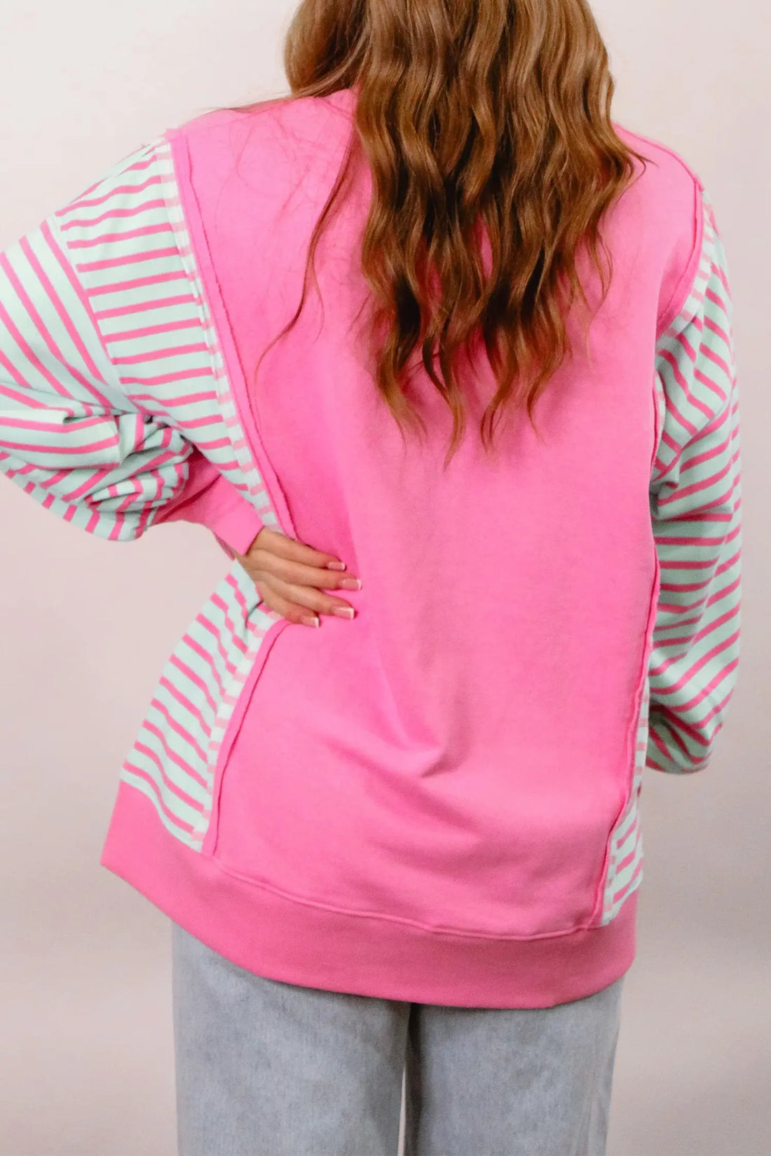 Colour Block Patchwork Relaxed Split Long Sleeve Top – Rose Stripe