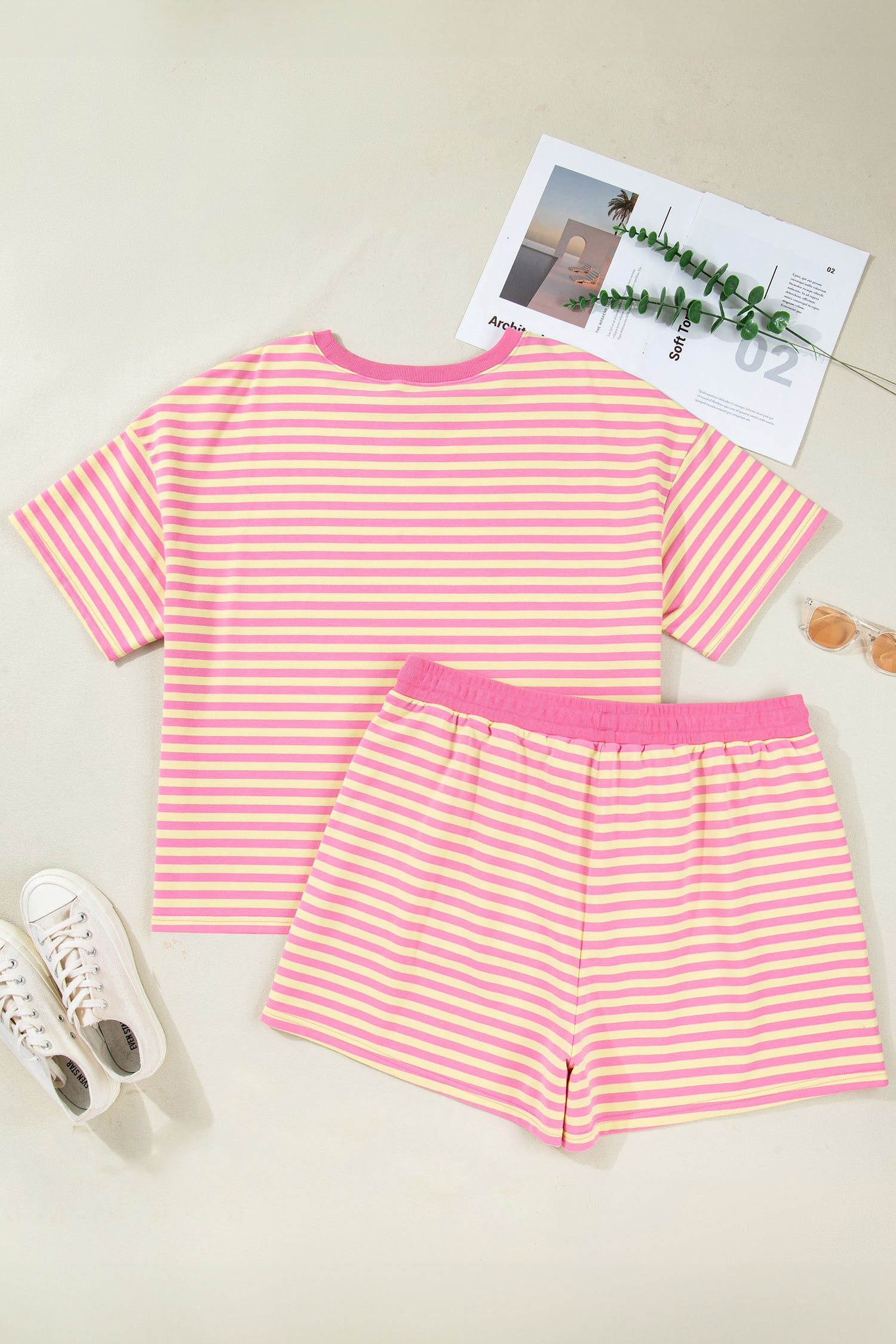 Stripe Boxy Tee Drawstring Elastic Waist Plus Size Short Co-ord Set