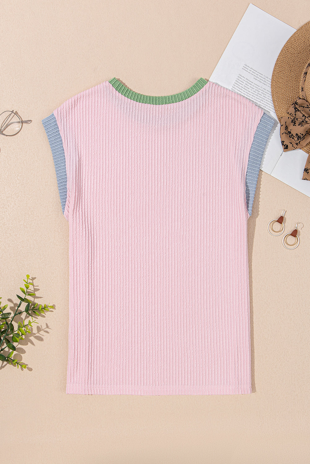 Pink Colour Block Ribbed Knit Crew Neck Tee eAura
