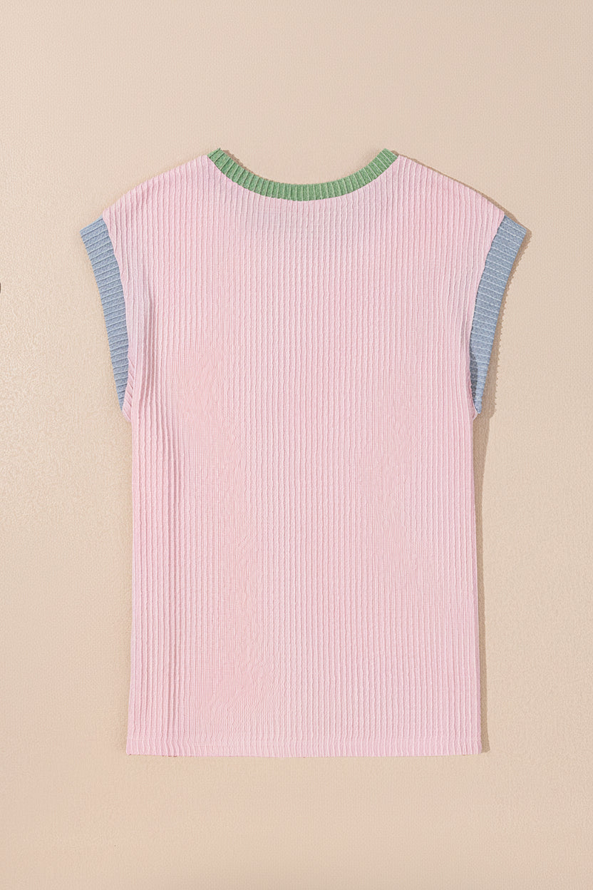 Pink Colour Block Ribbed Knit Crew Neck Tee - Tops/Tops & Tees