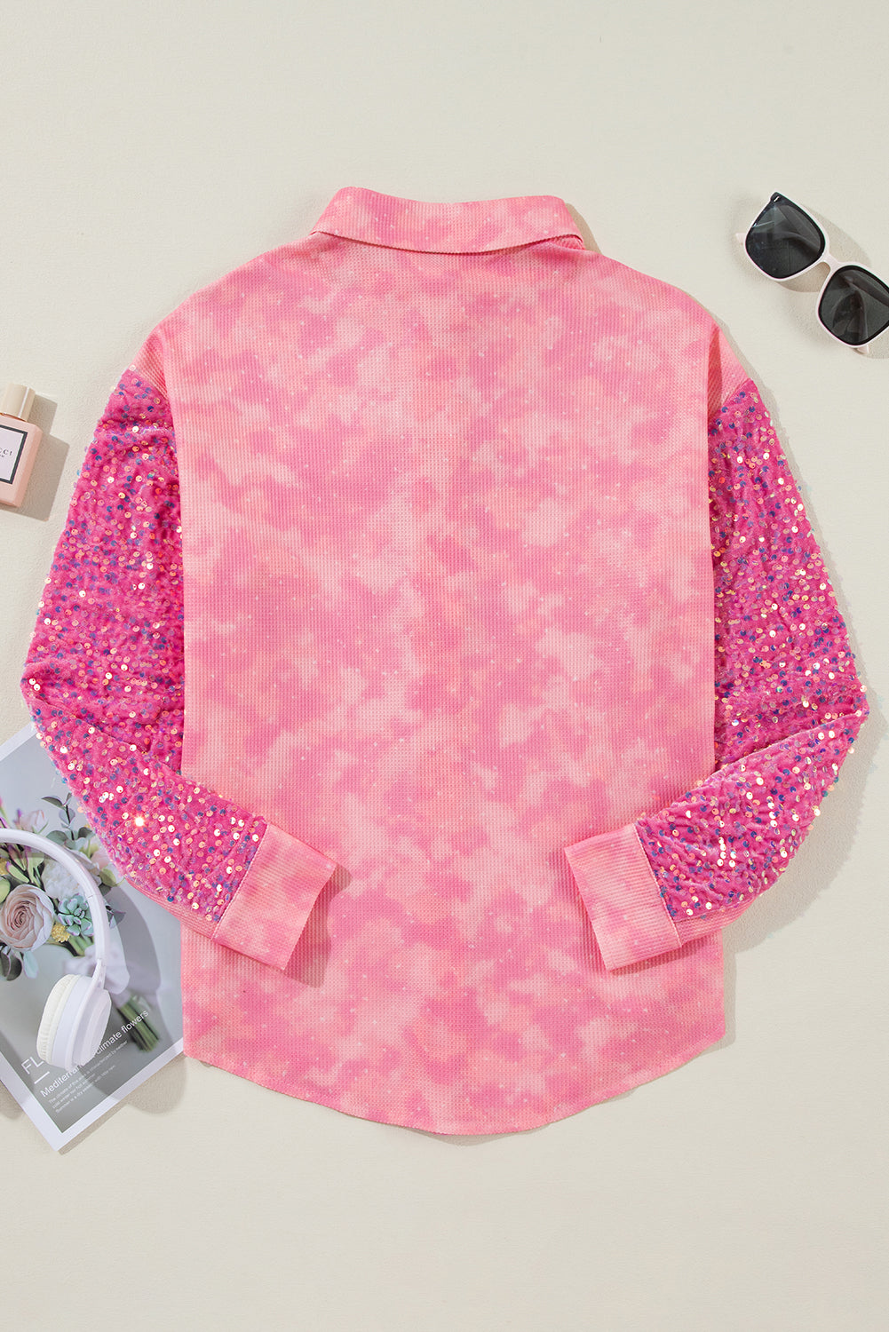 Apricot Pink Mineral Wash Sequin Patchwork Flap Pocket Shacket eAura