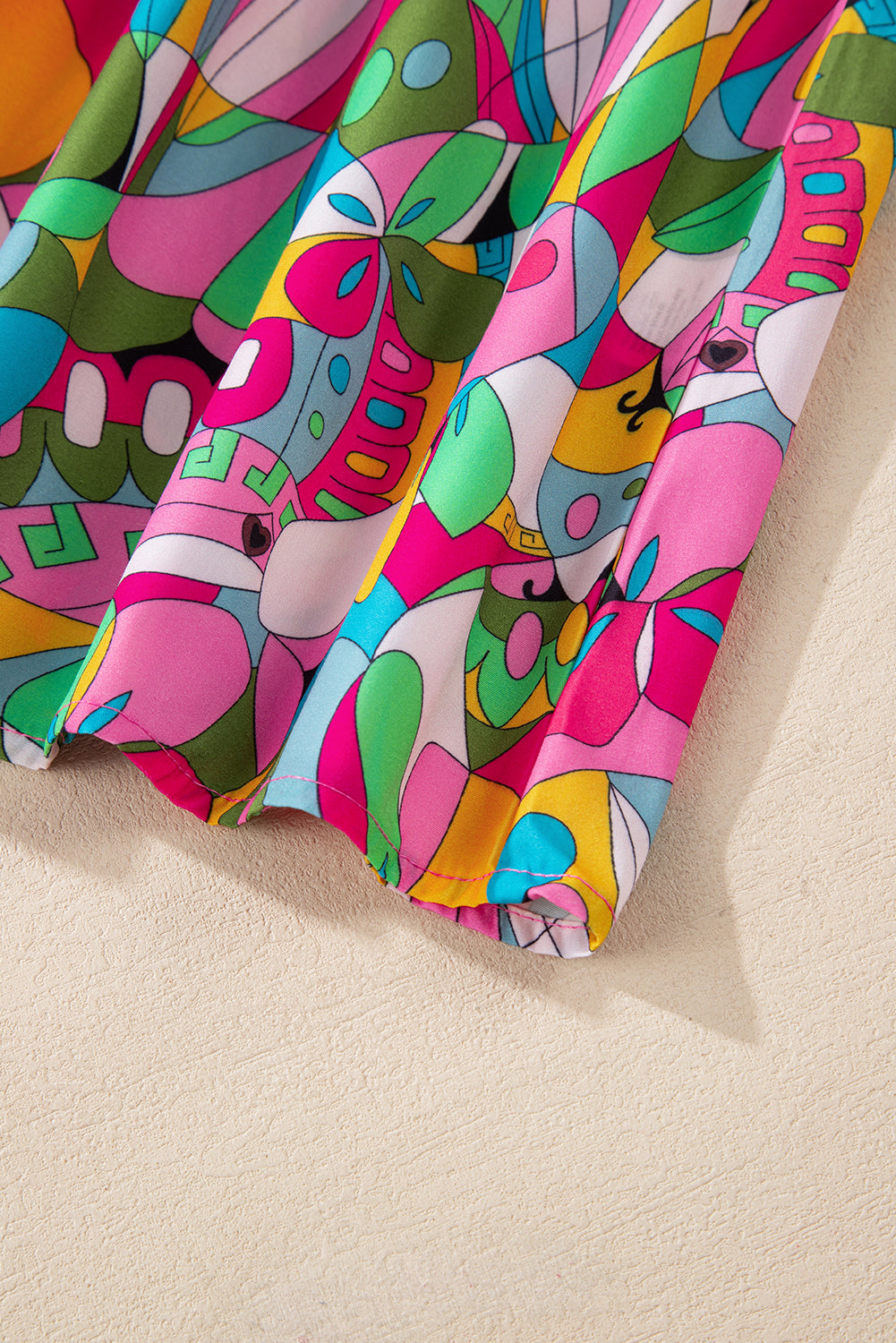 Pink Abstract Printed Lantern Sleeve Buttoned Mini Dress eAura