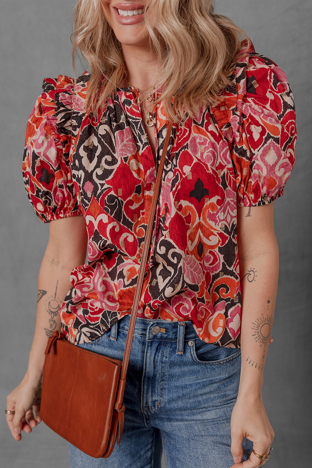 Red Ethnic Print Split Neck Short Puff Sleeve Blouse eAura