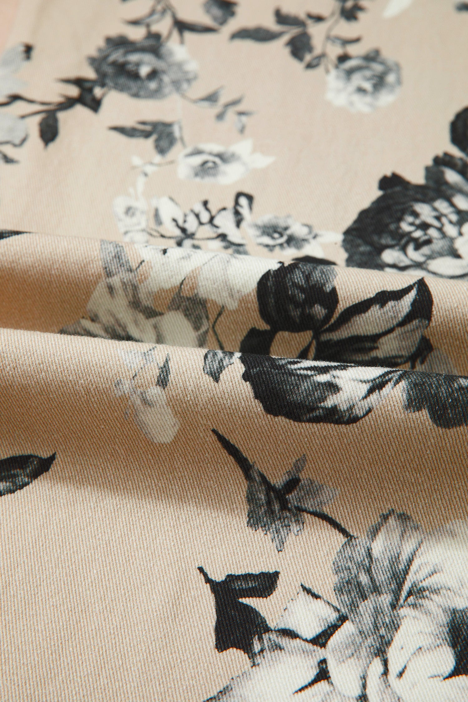 Beige Retro Floral Print Cuffed Hem Wide Leg Jeans
