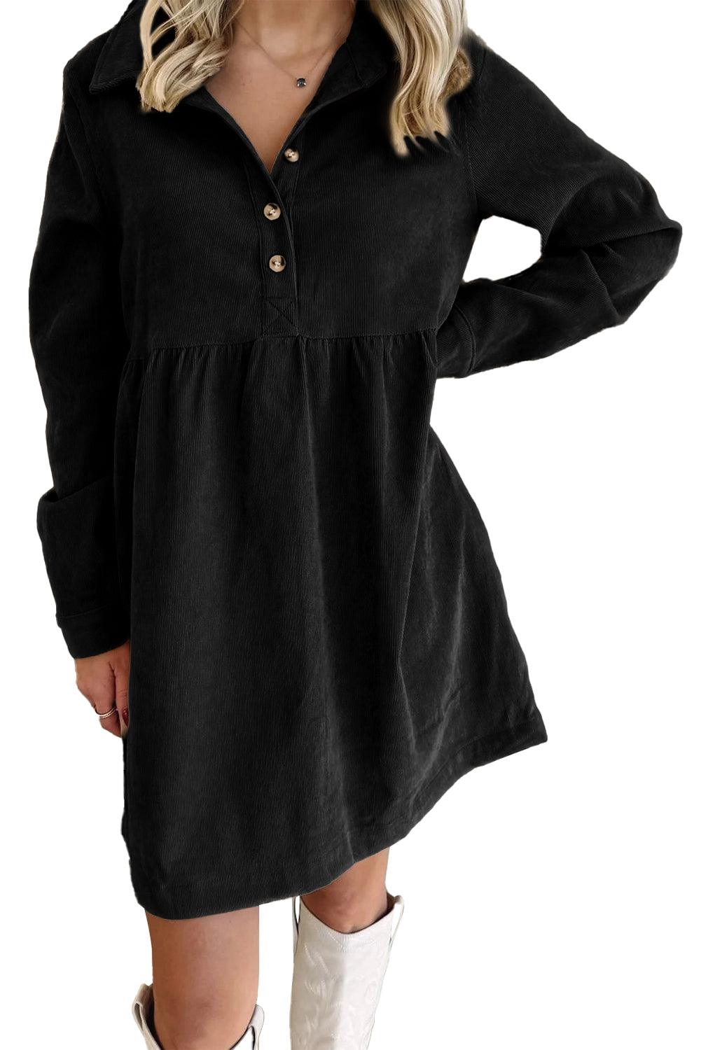 Soft Corduroy Half Button Collared Long Sleeve Mini Dress - eAura