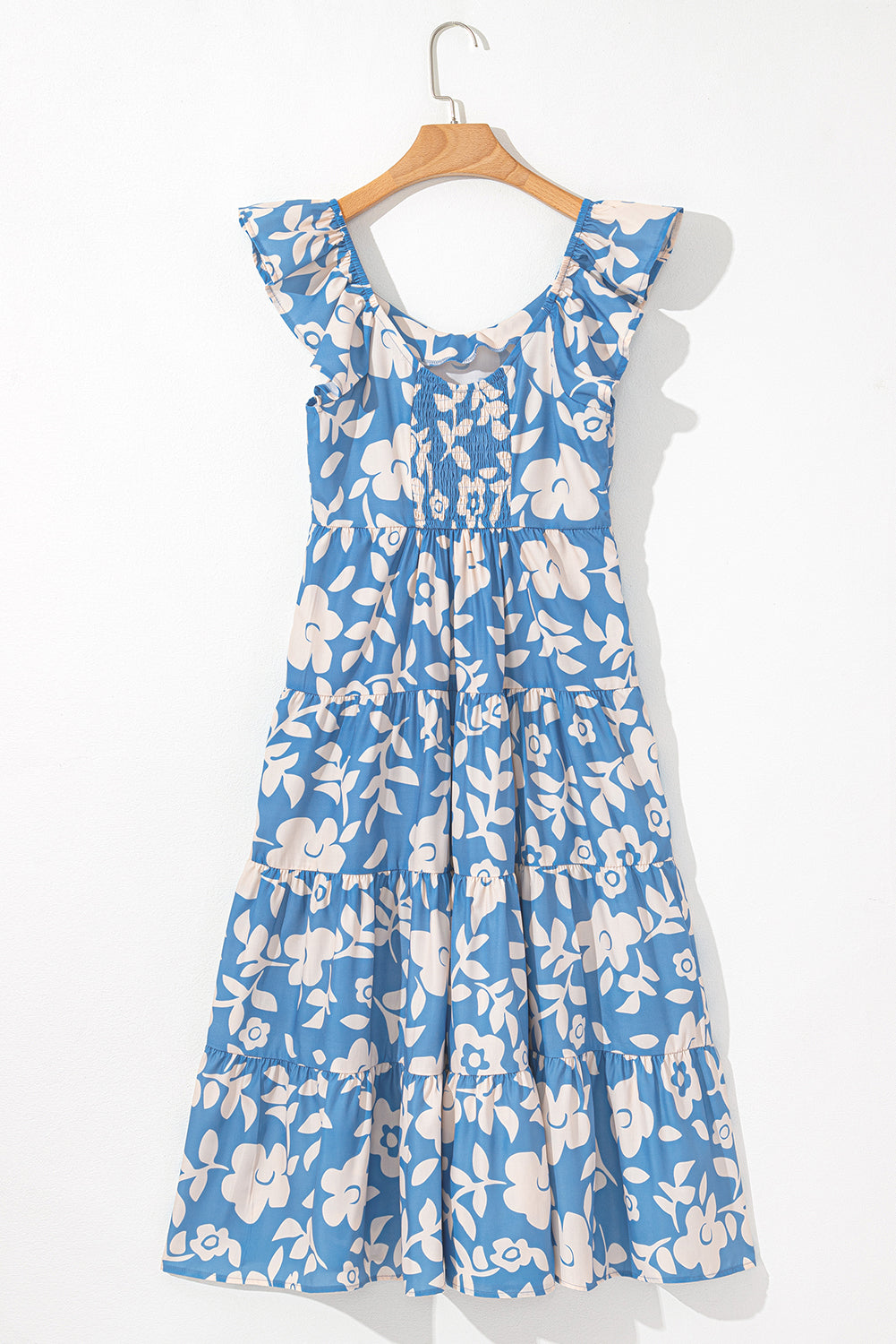 Sky Blue Floral U Neck Flutter Shoulder Tiered Flowy Midi Dress eAura