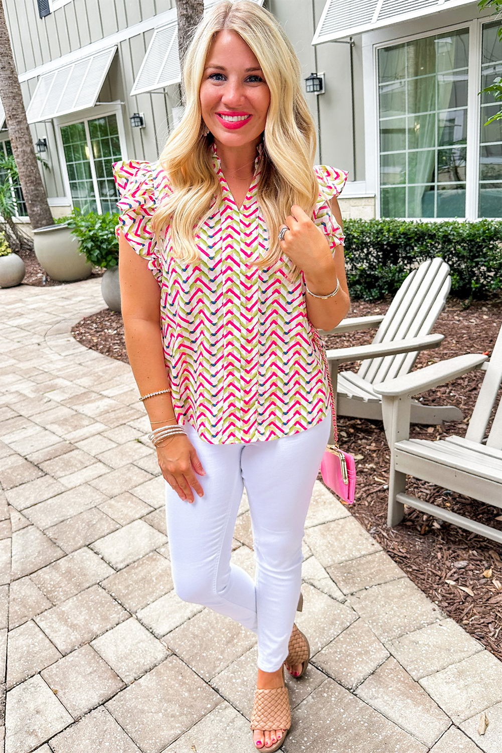 Multicolour Chevron Print Ruffled Sleeve Blouse eAura
