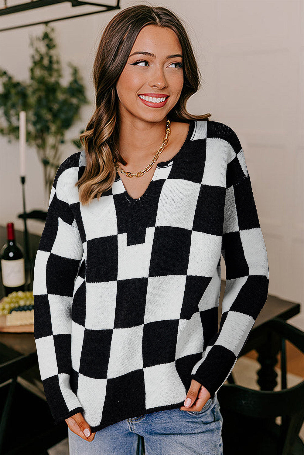 Checked Notched Neckline Drop Shoulder Knit Sweater eAura