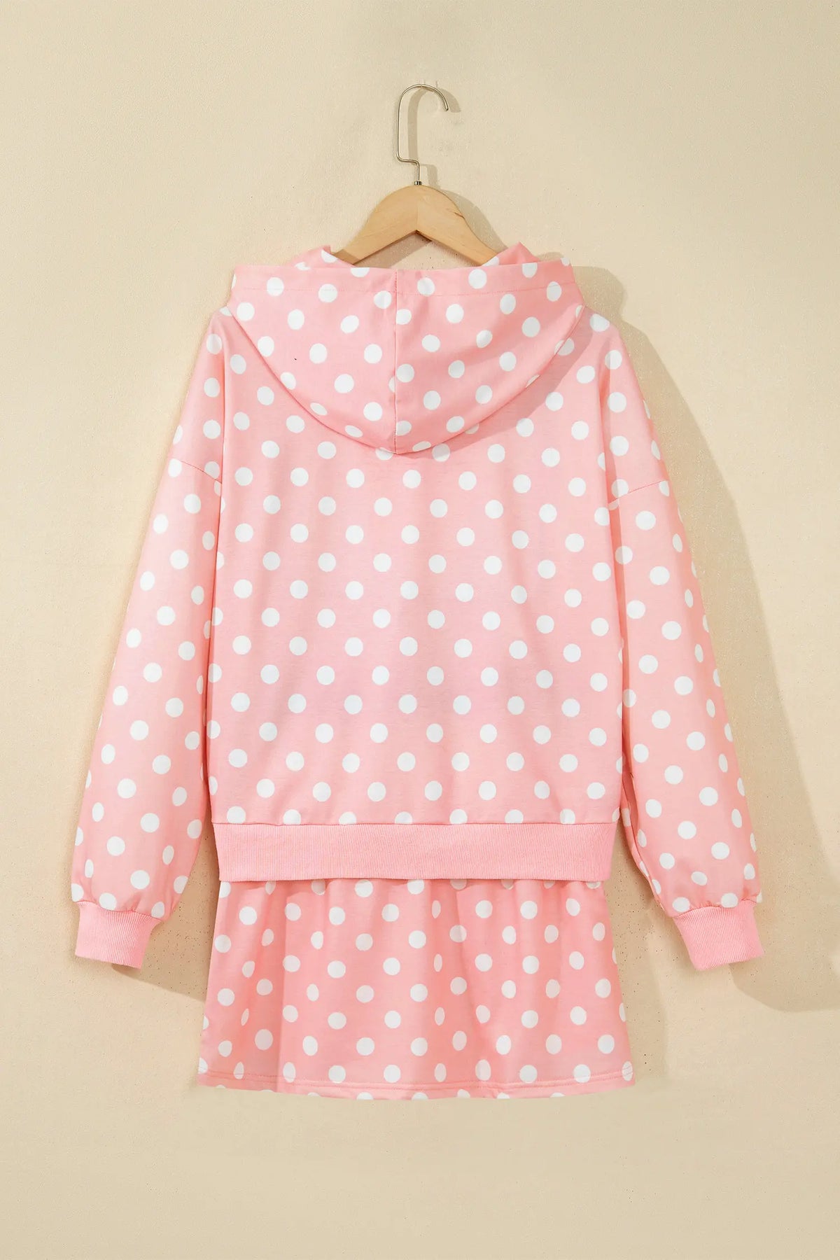 Polka Dot Hooded Long Sleeve Top Casual Mini Skort Set – Khaki
