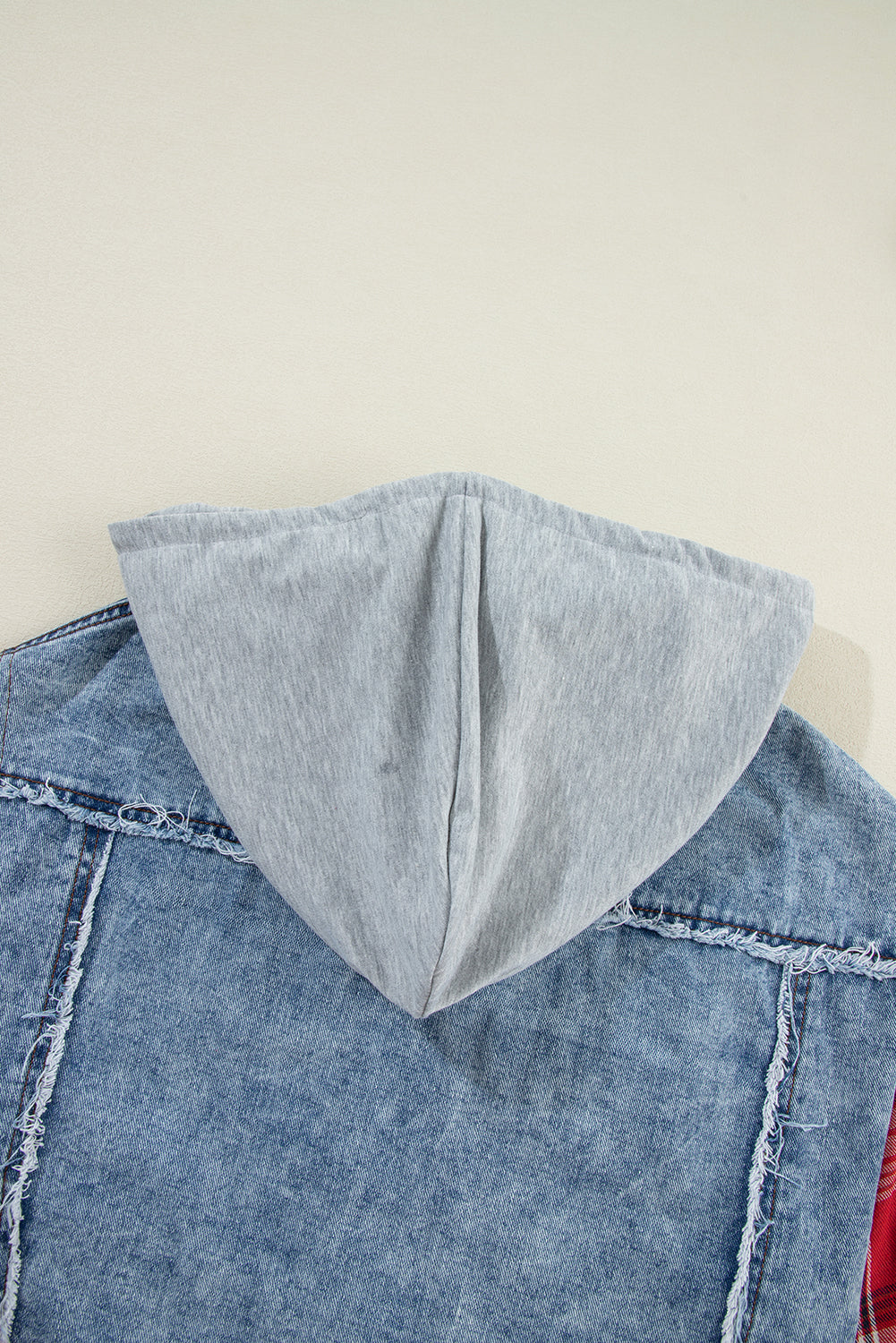 Beau Blue Plaid Print Patchwork Hooded Raw Hem Denim Jacket Beagle Boutique Fashion Outlet
